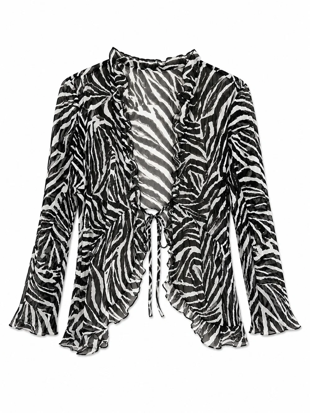 Y2K vintage Sheer Zebra Print Tie-Front Cardigan - Black & White